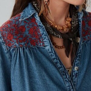 Maison Hotel Phoebe Blouse Women's Denim Shirt with Red Embroidery